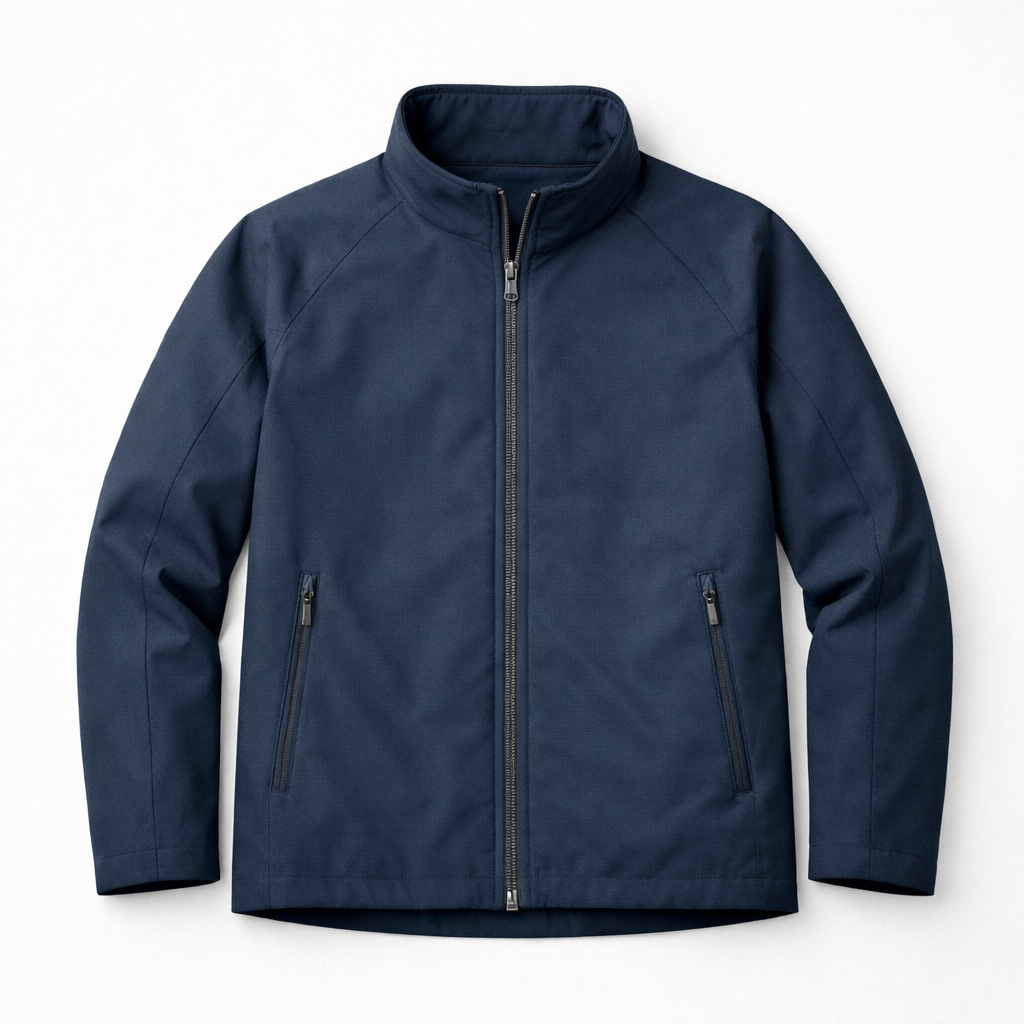 The Crossing Jacket — Deep navy, zipped closed