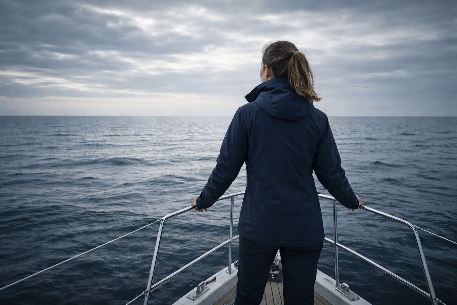 A woman at the bow of a yacht at dawn, wearing the Coastal Jacket