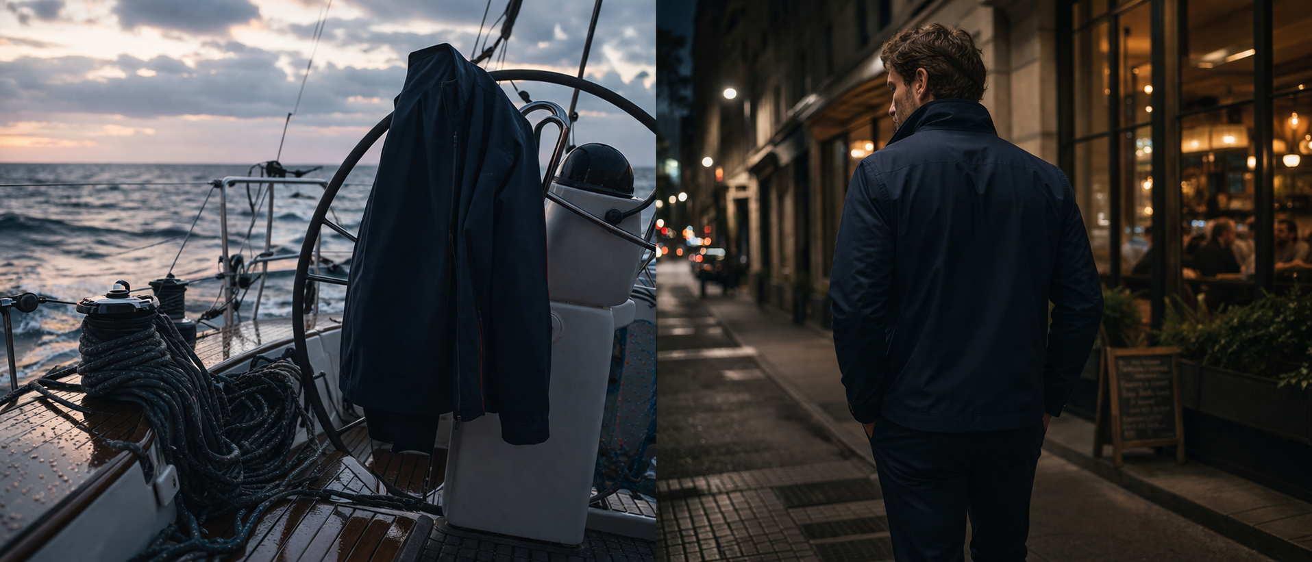 Two worlds - a jacket draped on a yacht helm at dawn, the same jacket worn walking a city street at night