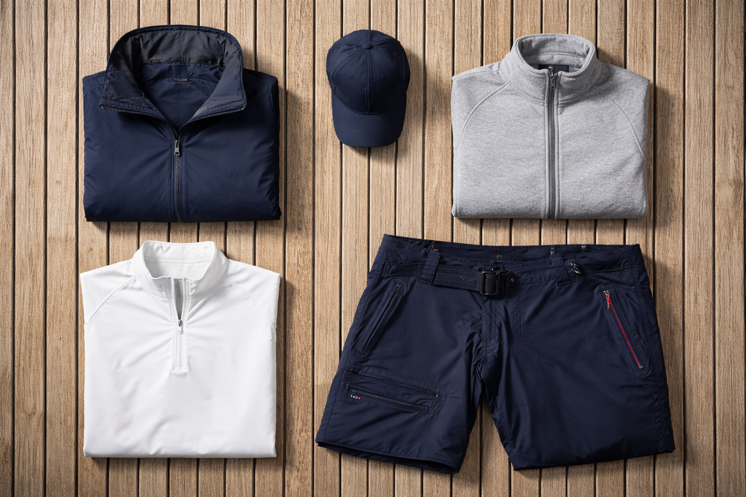 Yacht Collection kit laid out on teak deck - jacket, fleece, base layer, shorts, cap
