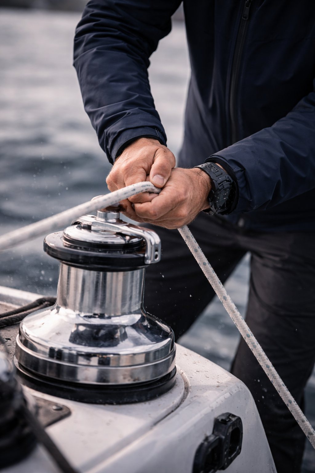 Hands on a yacht winch, wearing the Coastal Jacket