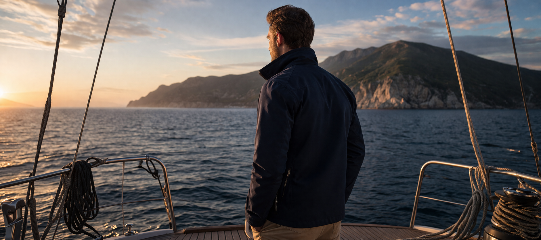 A sailor wearing the Crossing Jacket at the stern of a yacht at golden hour